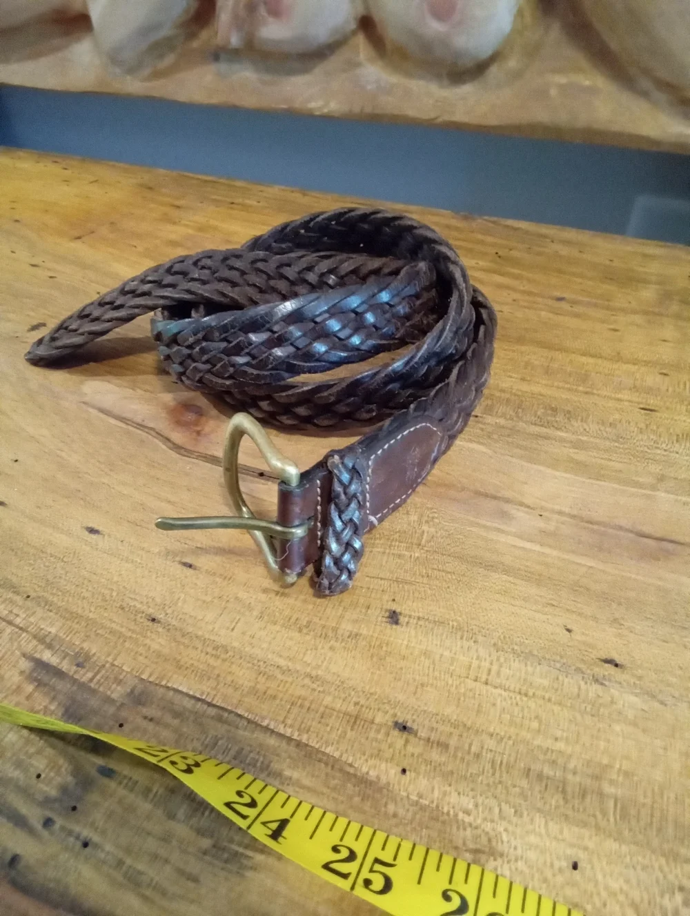 Men's Braided Dark Brown Leather Belt with Brass Buckle Size 34/36